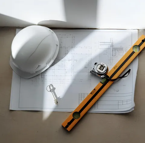Capacete de seguran&ccedil;a branco, r&eacute;gua de n&iacute;vel e trena sobre planta arquitet&ocirc;nica iluminada pela luz do sol