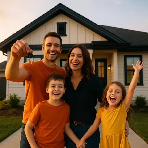 Fam&iacute;lia feliz comemorando a conquista da nova casa, com pai segurando a chave em frente &agrave; resid&ecirc;ncia.